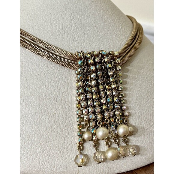 VTG Regency Gold Tone Faux Pearl Aurora Borealis Waterfall Mesh Necklace - Picture 3 of 9